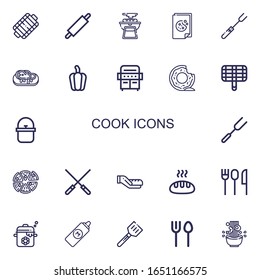 Editable 22 iconos para cocinar para web y móvil. Conjunto de cocineros incluidos íconos grill, rodillo, barbacoa, galleta, tenedor, filete, pimienta, donut, olla, pizza, brochetas sobre fondo blanco