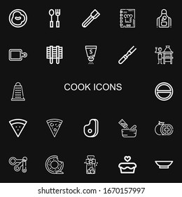 Editable 22 cook icons for web and mobile. Set of cook included icons line Chili, Cutlery, Tongs, Recipe book, Apron, Cutting board, Grill, Salt, Meat, Brick grill on black background