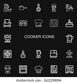 Editable 22 cooker icons for web and mobile. Set of cooker included icons line Blender, Pan, Chef, Burner, Toaster, Stove, Hob, Oven, Extractor, Cooker, Cook on black background