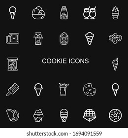 Editable 22 cookie icons for web and mobile. Set of cookie included icons line Ice cream, Cookies, Rice, Snack, Cookie, Pastry, Stroopwafel, Doughnut on black background