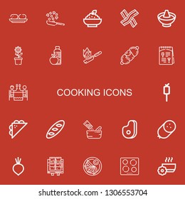 Editable 22 cooking icons for web and mobile. Set of cooking included icons line Croquette, Cooking, Porridge, Bacon, Hot pot, Pot, Food, Flambe, Sausage, Menu on red background