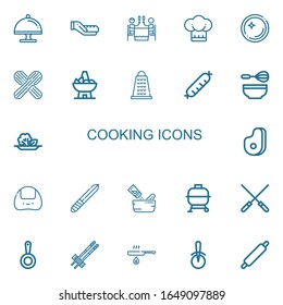Editable 22 cooking icons for web and mobile. Set of cooking included icons line Tray, Bread, Romantic dinner, Chef, Dish, Wooden spoon, Bowl, Grater, Sausage on white background