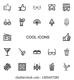 Editable 22 cool icons for web and mobile. Set of cool included icons line Like, Sunglasses, Ice cream cart, Glasses, Cocktail, Fan, Popsicle, Radio, Thumbs up on white background