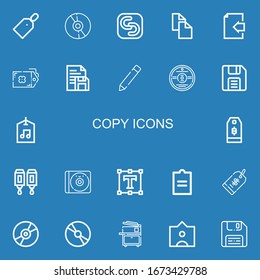 Editable 22 copy icons for web and mobile. Set of copy included icons line Price tag, Cd, Safecopy backup, Copy, Document, Tag, Edit button, Diskette, Label on blue background