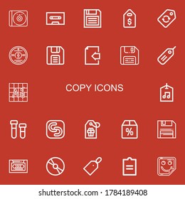 Editable 22 copy icons for web and mobile. Set of copy included icons line Cd, Cassette, Diskette, Price tag, Label, Document, Tag, Font, Printing, Safecopy backup on red background