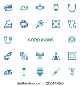 Editable 22 cord icons for web and mobile. Set of cord included icons line Socket, Ironing, Cymbals, Hdmi, Rope, Iron, Plug, Usb cable, Gallows, Jack connector on white background