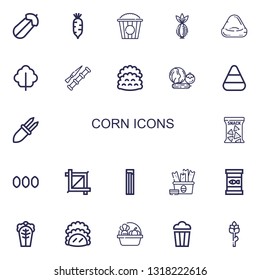 Editable 22 corn icons for web and mobile. Set of corn included icons line Courgette, Radish, Popcorn, Onion, Bean bag, Lettuce, Spike, Tacos, Vegetables, Candy corn on white background