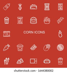 Editable 22 corn icons for web and mobile. Set of corn included icons line Mustard, Onion, Taco, Canned food, Seed, Popcorn, Snack, Tacos, Nachos, Spike, Aubergine on red background