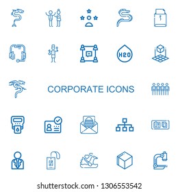 Editable 22 corporate icons for web and mobile. Set of corporate included icons line Dragon, Discussion, Influencer, Letter, Headset, Staff, Group, H o, d cube on white background