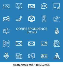 Editable 22 correspondence icons for web and mobile. Set of correspondence included icons line Envelope, Email, Mail, Comment, Write, Mailbox, Postman, Postcard on blue background
