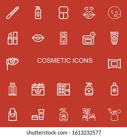 Editable 22 cosmetic icons for web and mobile. Set of cosmetic included icons line Nail file, Gel, Makeup, Kiss, Lipstick, Massage, Anti age, Sun cream, Mascara on red background