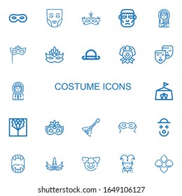 Editable 22 costume icons for web and mobile. Set of costume included icons line Mask, Frankenstein, Eskimo, Eye mask, Bowler, Clown, Masks, Circus, Suit, Balalaika on white background