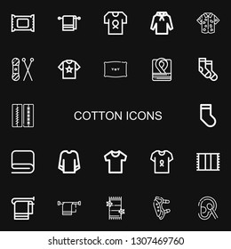 Editable 22 cotton icons for web and mobile. Set of cotton included icons line Makeup remover, Towel, Shirt, Hoodie, Knit, Pillow, Robe, Socks, Stitches, Sweatshirt on black background