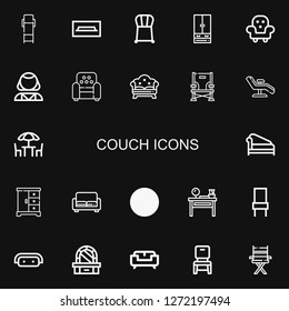 Editable 22 couch icons for web and mobile. Set of couch included icons line Lounge chair, Tv table, Chair, Closet, Furniture, Psychologist, Armchair, Sofa on black background