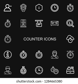 Editable 22 counter icons for web and mobile. Set of counter included icons line Follower, Stopwatch, Information, Wall clock, Coffee machine, Chronometer on black background