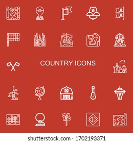 Editable 22 country icons for web and mobile. Set of country included icons line Map, Flag, Cowboy hat, Flags, Sagrada familia, Sphinx, Windmill, Globe, Barn on red background