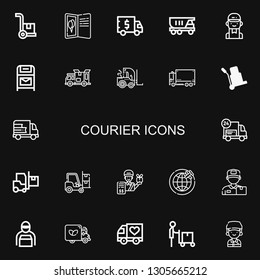Editable 22 courier icons for web and mobile. Set of courier included icons line Cargo, Postcard, Truck, Delivery man, Postbox, Delivery truck, Forklift, Logistic on black background