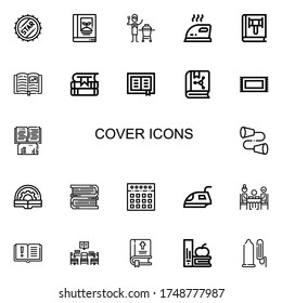 Editable 22 iconos de portada para web y móvil. Juego de portada incluido íconos línea Tapa de botella, Libro, Cerámica, Hierro, Libros, Alfombra, Tin, Mezclador, Cena, Biblioteca, Biblia sobre fondo blanco