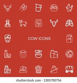 Editable 22 cow icons for web and mobile. Set of cow included icons line Buffalo, Chicken, Jug, Harvest, Dutch, Cow, Seed bag, Bull skull, Ribs, Indian, Milk on red background