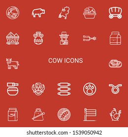 Editable 22 cow icons for web and mobile. Set of cow included icons line Indian, Bison, Holland, Harvest, Wagon, Jug, Cowboy, Spur, Milk, Cow, Steak, Standing bell on red background