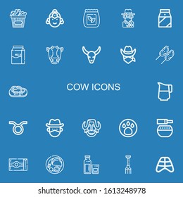 Editable 22 cow icons for web and mobile. Set of cow included icons line Chicken, Indian, Seed bag, Cowboy, Milk, Cow, Bull skull, Steak, Jug, Taurus, Bison on blue background