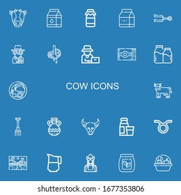 Editable 22 cow icons for web and mobile. Set of cow included icons line Cow, Milk, Spur, Cowboy, Butcher, Farmer, Butter, Indian, Pitchfork, Jug, Buffalo, Diary product on blue background