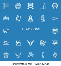 Editable 22 cow icons for web and mobile. Set of cow included icons line Holland, Ribs, Milk, Cowboy, Harvest, Chicken, Dutch, Spur, Bison, Animal, Steak, Bull skull on blue background