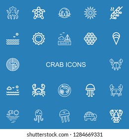 Editable 22 crab icons for web and mobile. Set of crab included icons line Kraken, Turtle, Sea lion, Sea urchin, Shrimp, Sea, Caviar, Clam, Prawn, Crab, Jellyfish on blue background