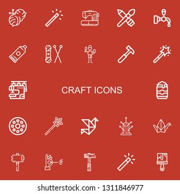 Editable 22 craft icons for web and mobile. Set of craft included icons line Knitting, Magic wand, Sewing machine, Brush, Beer tap, Glue, Knit, Hammer, Beer can on red background
