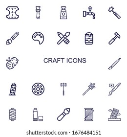 Editable 22 Craft Icons For Web And Mobile. Set Of Craft Included Icons Line Leather, Brush, Paint Tube, Beer Tap, Hammer, Paint Brush, Paint Palette, Beer Can On White Background