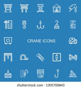 Editable 22 crane icons for web and mobile. Set of crane included icons line Torii, Lift, Storehouse, Trowel, Crane, Hook, Claw machine, Container, Garbage truck on blue background