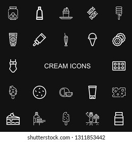 Editable 22 cream icons for web and mobile. Set of cream included icons line Cookies, Tooth paste, Pudding, Candy, Sweet, Sun cream, Milkshake, Ice Biscuits on black background