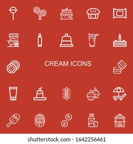 Editable 22 cream icons for web and mobile. Set of cream included icons line Lollipop, Cake, Pie, Makeup remover, Food stall, Toothpaste, Dessert, Ice cream on red background