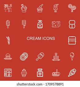 Editable 22 cream icons for web and mobile. Set of cream included icons line Beach, Sand bucket, Ice cream, Milkshake, Lollipop, Sweet, Gel, Cheese, Makeup, Tweezers on red background