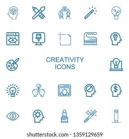 Editable 22 creativity icons for web and mobile. Set of creativity included icons line Mind, Brush, Idea, Magic wand, Vision, Paint brush, Art, Painting palette on white background