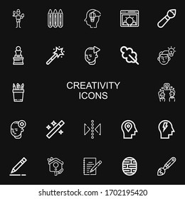 Editable 22 creativity icons for web and mobile. Set of creativity included icons line Brush, Crayons, Imagination, Idea, Art, Magic wand, Mind, Oak leaf, Pencil on black background