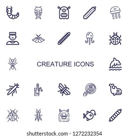 Editable 22 creature icons for web and mobile. Set of creature included icons line Caterpillar, Insect, Monster, Jellyfish, Moth, Centipede, Ladybug, Ant, Dolphin on white background