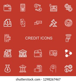 Editable 22 credit icons for web and mobile. Set of credit included icons line Wallet, Atm, Exchange, Money, Taxes, Cards, Money transfer, Auction, Coin, Payment method on red background