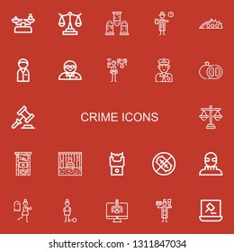 Editable 22 crime icons for web and mobile. Set of crime included icons line Scale, Bullets, Detective, Knuckle, Policeman, Bodyguard, Grenade, Auction, Justice on red background
