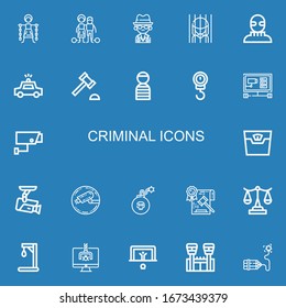Editable 22 íconos criminales para web y móvil. Conjunto de criminales incluyen la línea de íconos Esclavitud, Mafia, Prisión, Burglar, camión de Policía, Martillo de subasta, Prisionero, Escala sobre fondo azul.