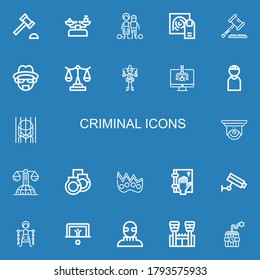 Editable 22 criminal icons for web and mobile. Set of criminal included icons line Auction hammer, Scale, Slavery, Fingerprint, Law, Heisenberg, Bandit, Hacker on blue background