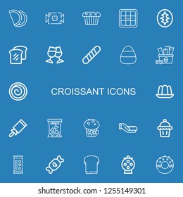 Editable 22 croissant icons for web and mobile. Set of croissant included icons line Pastry, Candy, Muffin, Waffle, Sourdough, Bread, Toast, Baguette, Snack on blue background
