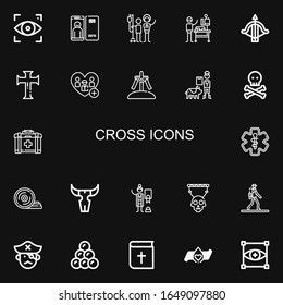 Editable 22 iconos cruzados para web y móvil. Conjunto de iconos de cruz incluidos línea Focus, donación de sangre, veterinario, crossbow, Cross, Add, Calvary, Skull, primeros auxilios sobre fondo negro