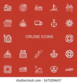 Editable 22 cruise icons for web and mobile. Set of cruise included icons line Cargo ship, Shipping, Sail, Boat, Cruise, Sailing boat, Anchor, Helm, Lifesaver on red background