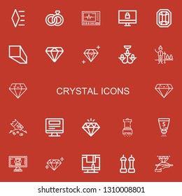 Editable 22 crystal icons for web and mobile. Set of crystal included icons line Diamond, Wedding rings, Monitor, Gem, Minerals, Chandelier, Snow, Riches, Salt on red background