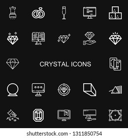 Editable 22 Crystal Icons For Web And Mobile. Set Of Crystal Included Icons Line Salt, Wedding Rings, Champagne Glass, Monitor, Sugar Cube, Diamond, Tarot On Black Background