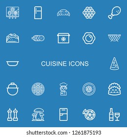 Editable 22 cuisine icons for web and mobile. Set of cuisine included icons line Spices, Fridge, Croissant, Caviar, Chicken leg, Taco, Salami, Fried egg, Grate on blue background