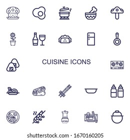 Editable 22 iconos de cocina para web y móvil. El conjunto de platos incluye íconos como champiñón, huevo, bacalao, tazón, vino, taco, frigorífico, pan, onigiri, Stove, espaghetti sobre fondo blanco