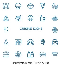 Editable 22 cuisine icons for web and mobile. Set of cuisine included icons line Restaurant, Mushroom, Bowl, Pizza slice, Tandoor, Pizza, Pot, Sourdough, Wine on white background