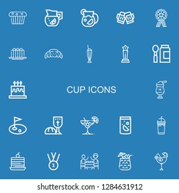 Editable 22 cup icons for web and mobile. Set of cup included icons line Muffin, Lemonade, Juice, Toast, Medal, Cake, Croissant, Milkshake, Trophy, Baby food on blue background